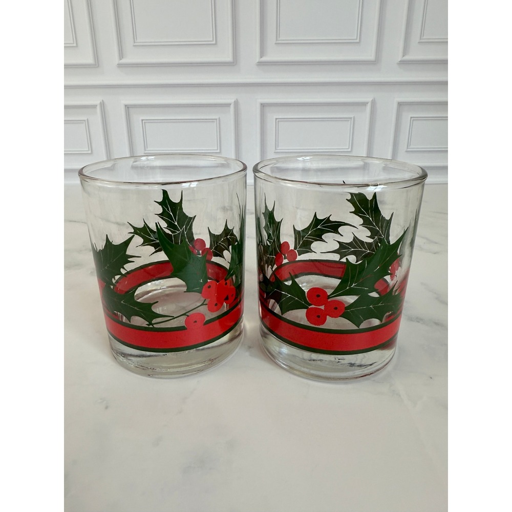 VTG Pair (2) Libbey‎ Holiday Glasses "Holly & Berries" Lowball 4" Tumblers
